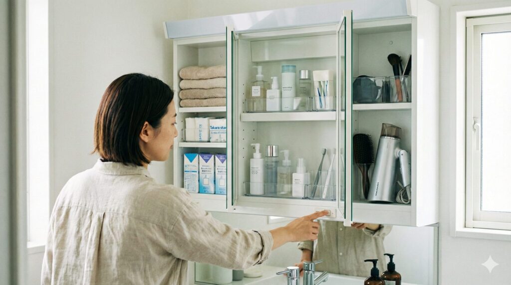 くもり止めスイッチを押しやすくする鏡裏の7割収納とゾーン分け