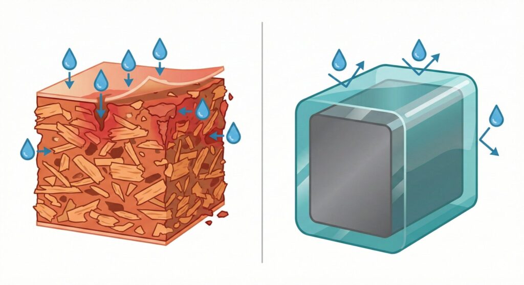 パーティクルボードが水分を吸い込むメカニズム