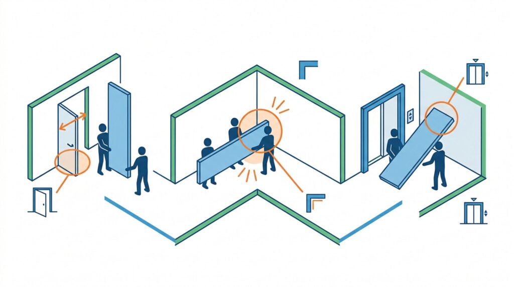 一枚天板を運び込むための通路幅と角の形状確認